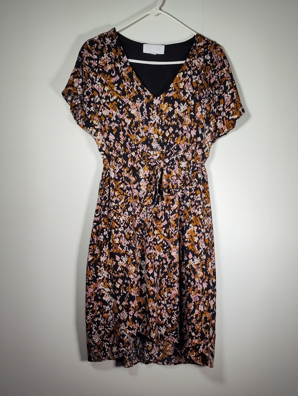 Superfoxx black floral‎ short sleeve tie waist midi dress S